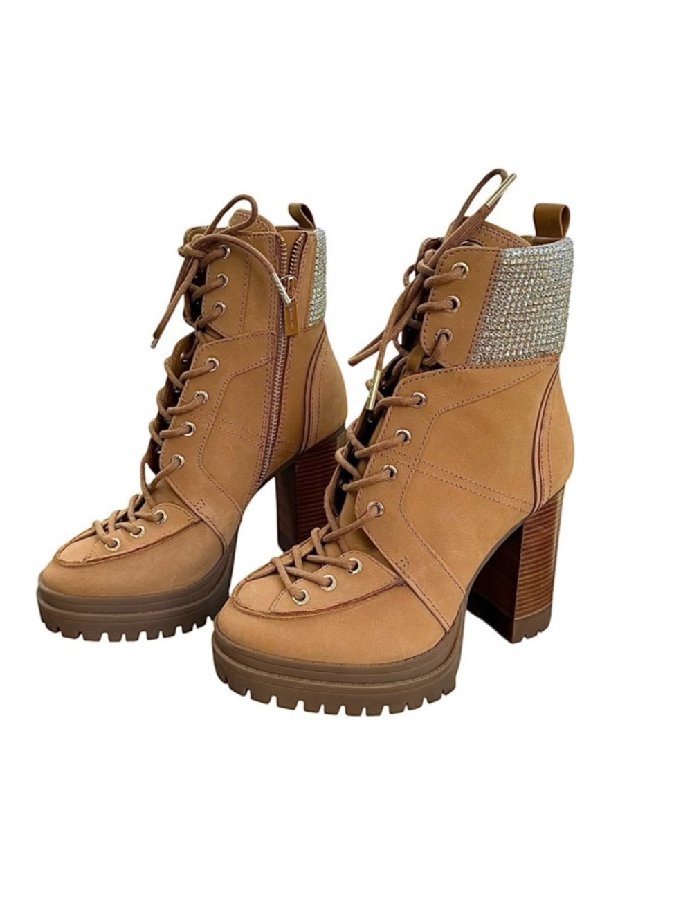 Michael Kors Genuine Leather Yvonne Ridley Embellished Nubuck Brown Combat Boots - Picture 3 of 9